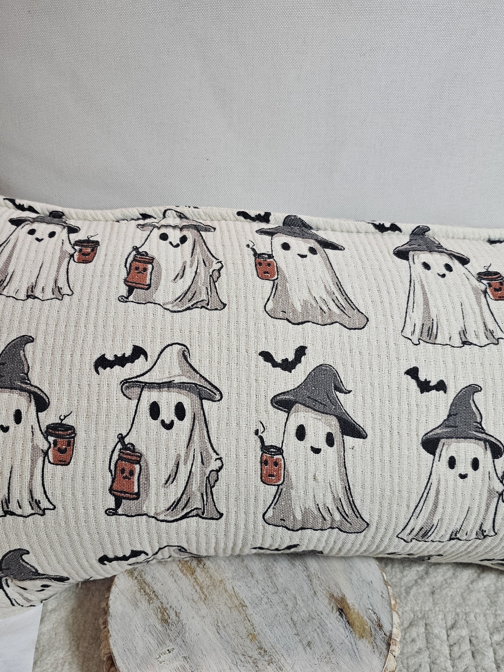 Halloween Ghost Print Decorative Lumbar Pillow - Cream and Black